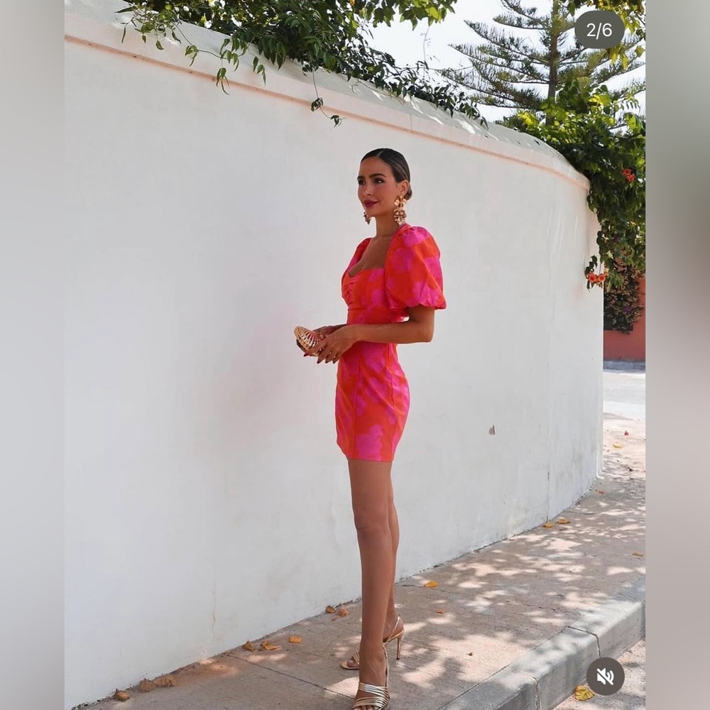 Zara dress mini puff wide sleeve cut out hot Pink Floral wedding summer vacation - Picture 3 of 12